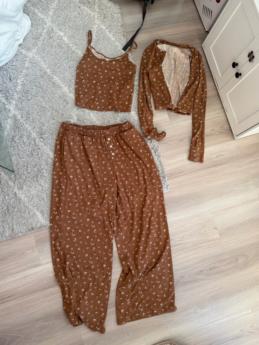 AE 3 Piece Brown Floral Loungewear Set - Crop Tank, Cardigan & Wide Pants